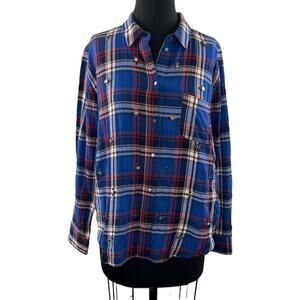 ELIZABETH & JAMES Blue Shirt Plaid Cotton Studded Stretch Collar Button-Up Sz 8